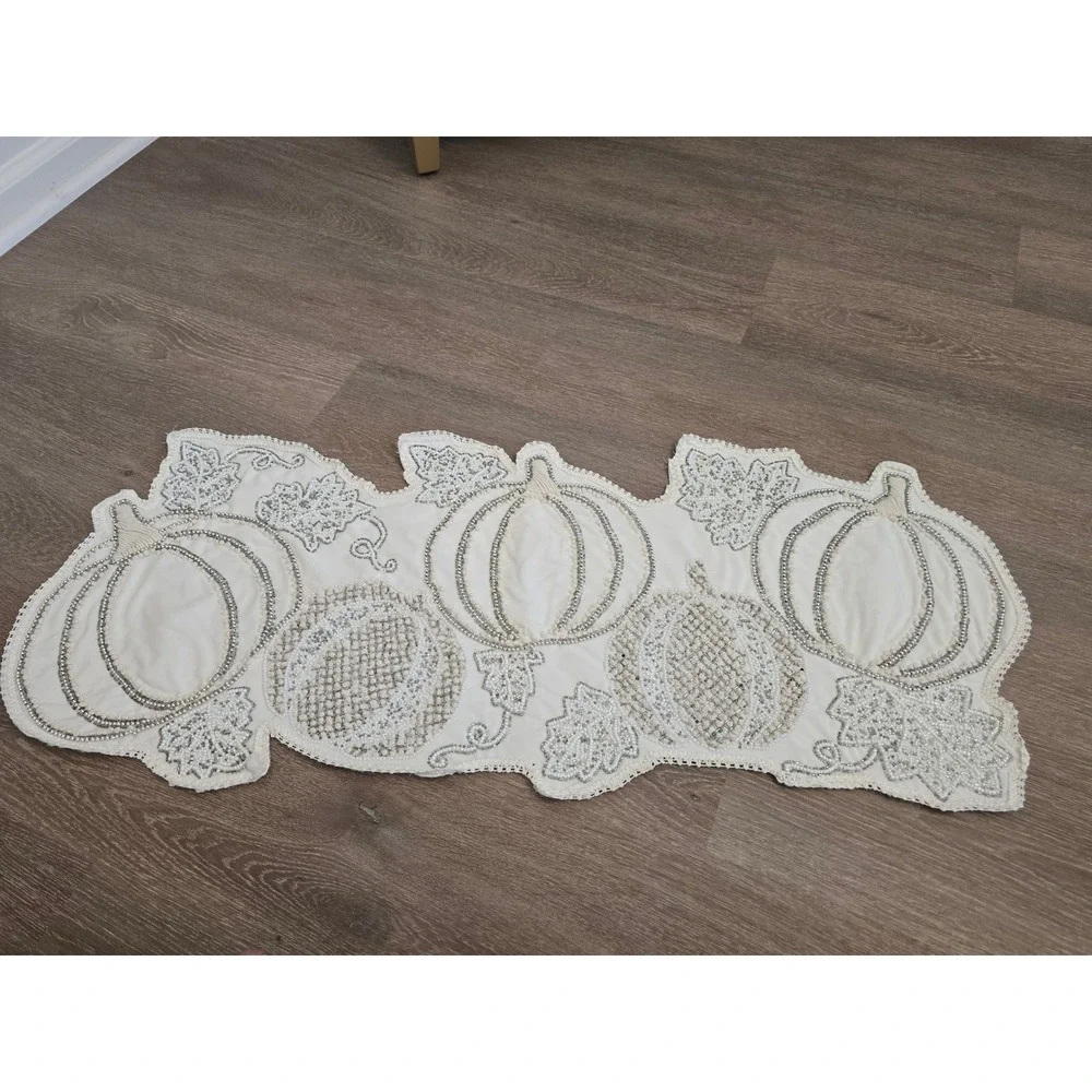 Beaded Pumpkin Table Runner Cream Silver White Autumn‎ Harvest Fall Decor 35x13